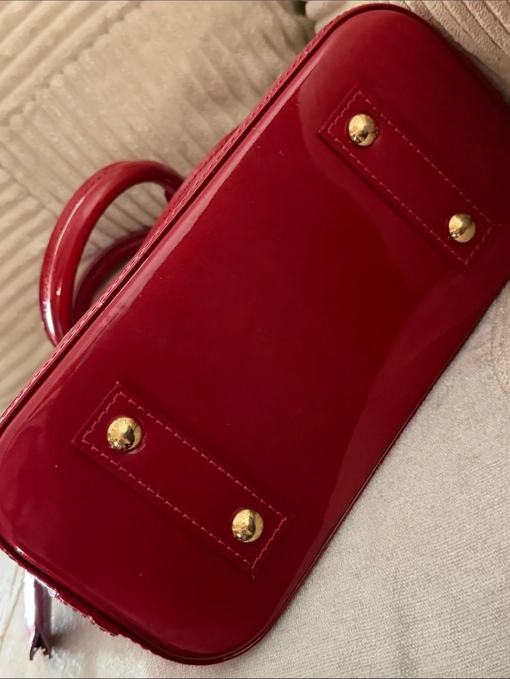 Red Patent Dome Satchel with Gold Hardware
